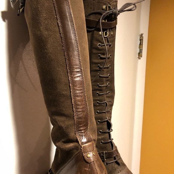 Alberto Fermani Suede & Leather Lace-Up Zippered Knee High Heeled Boots - Picture 4 of 7